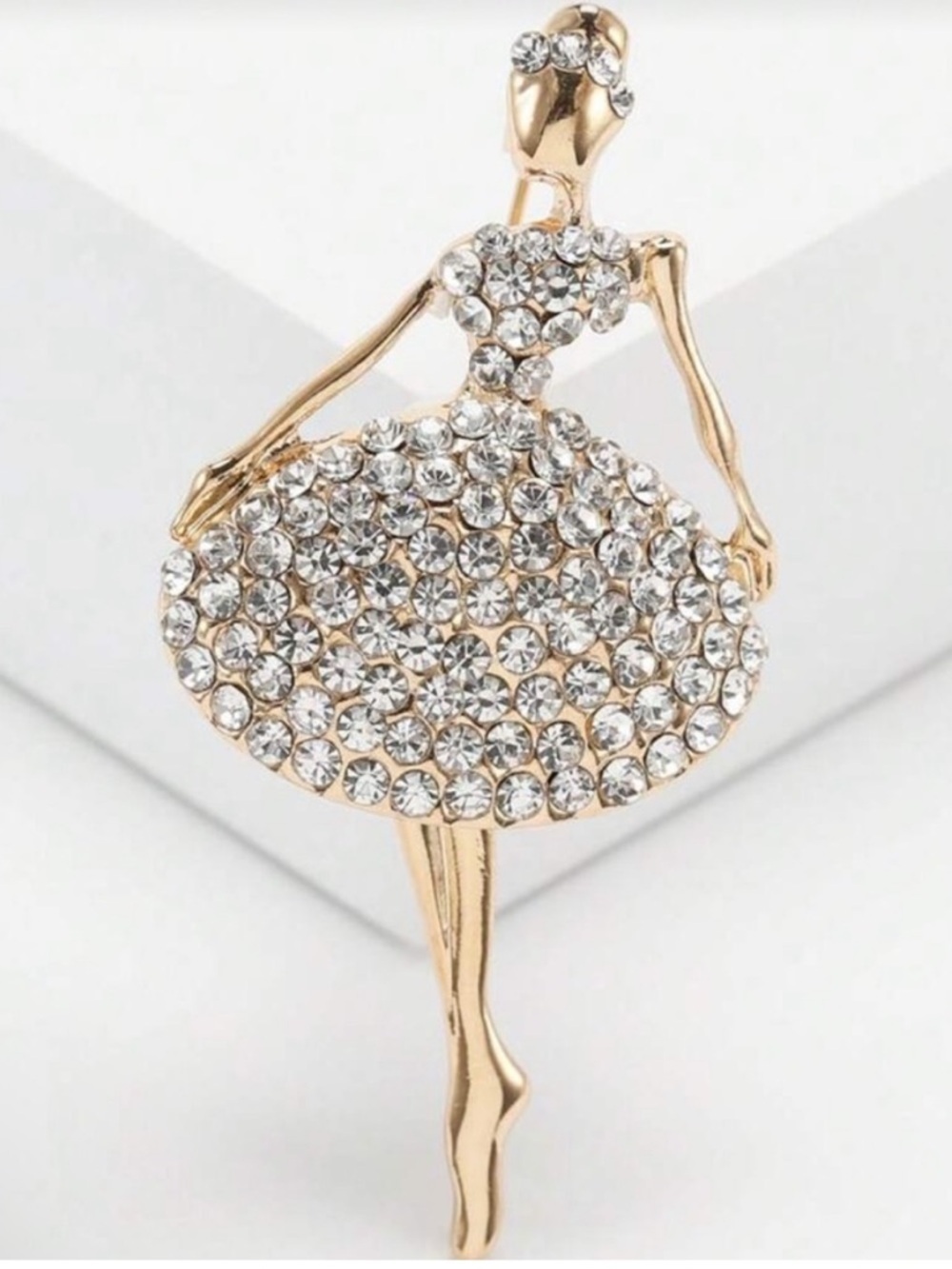 Anthropologie Gold Ballerina Brooch with Clear Crystals